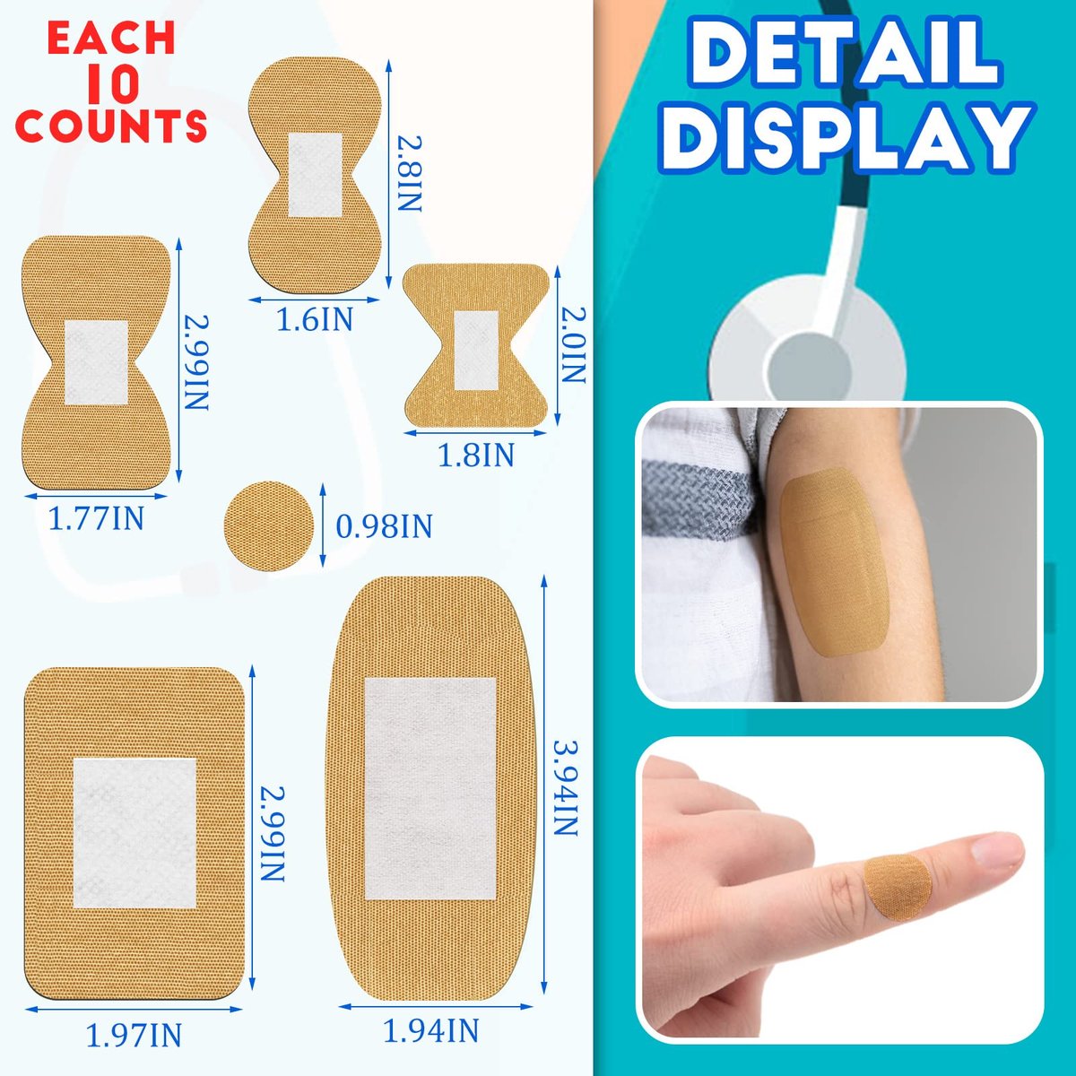 BBTO Flexible Fabric Pflaster in verschiedenen Größen – 180 Stück atmungsaktive Wundpflaster für Fingerkuppen, Knöchel und mehr