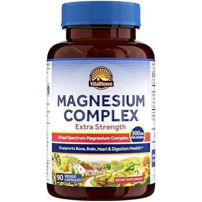 Vitalitown Magnesium Komplex | 300 mg elementares Magnesium | Magnesiumcitrat, Glycinat, Taurat, Malat | Non-GMO, glutenfrei, 90 vegane Kapseln für Knochen, Gehirn, Herz