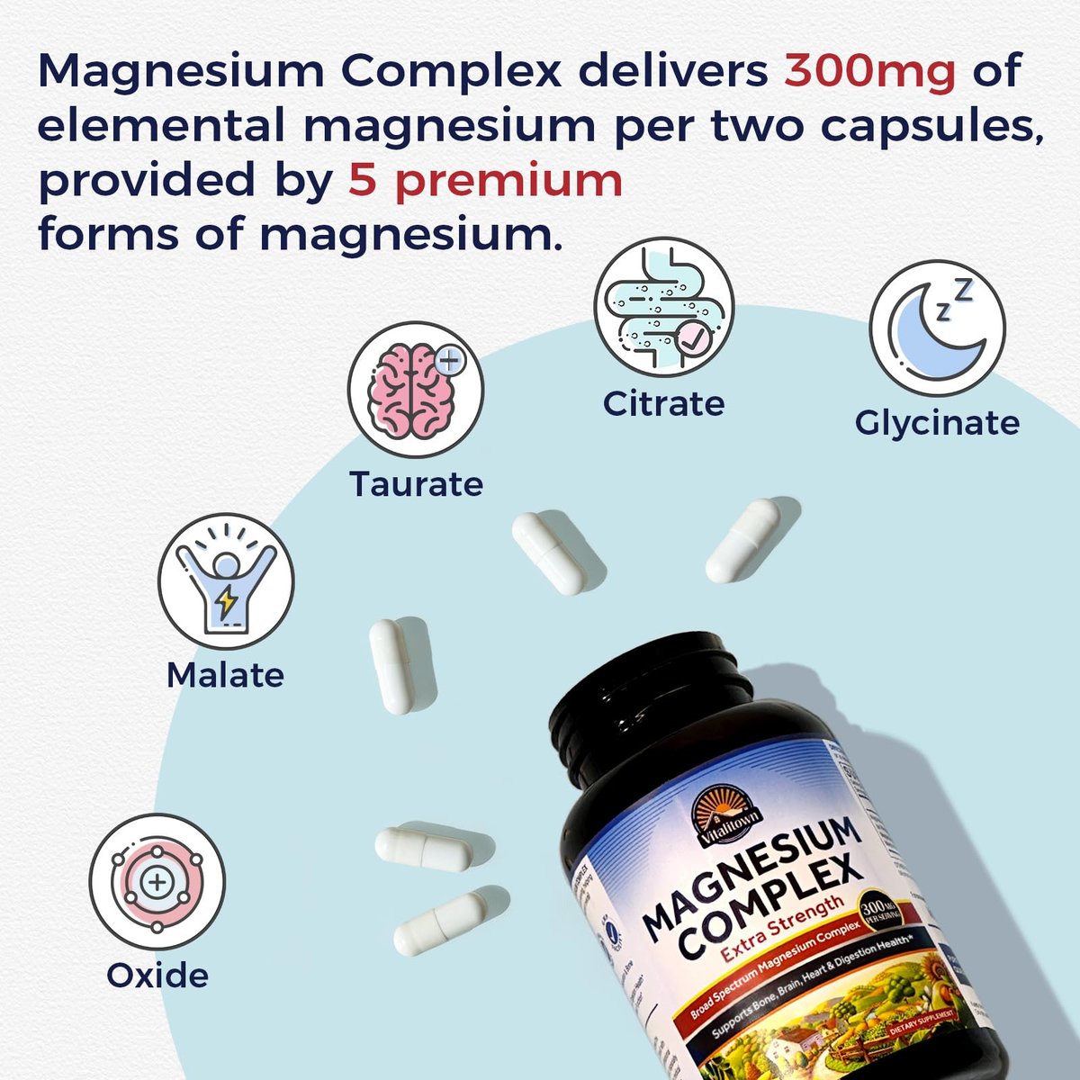 Vitalitown Magnesium Komplex | 300 mg elementares Magnesium | Magnesiumcitrat, Glycinat, Taurat, Malat | Non-GMO, glutenfrei, 90 vegane Kapseln für Knochen, Gehirn, Herz