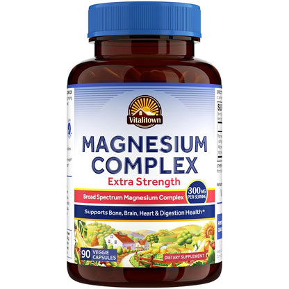 Vitalitown Magnesium Komplex | 300 mg elementares Magnesium | Magnesiumcitrat, Glycinat, Taurat, Malat | Non-GMO, glutenfrei, 90 vegane Kapseln für Knochen, Gehirn, Herz