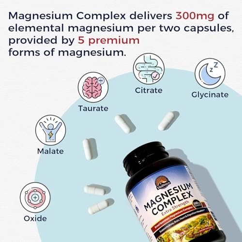 Vitalitown Magnesium Komplex | 300 mg elementares Magnesium | Magnesiumcitrat, Glycinat, Taurat, Malat | Non-GMO, glutenfrei, 90 vegane Kapseln für Knochen, Gehirn, Herz