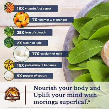 Vitalitown Moringa Kapseln – Reine Moringa Oleifera Blätter, Ohne Stängel, Kein Koffein, Energie & Immunsystem, 90 Kapseln