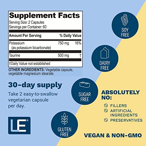 Life Enhancement Hochdosiertes Kaliumpräparat mit Taurin – 750 mg Kalium/500 mg Taurin pro Portion – Unterstützt die Herz-Kreislauf-Gesundheit – 120 Kapseln (60 Portionen) – Hergestellt in den USA