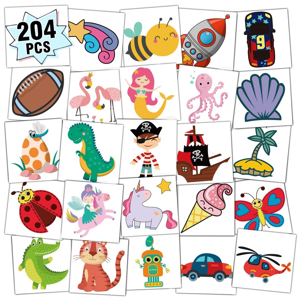 Partywind 204 temporäre Tattoos für Kinder – Individuell verpackt, Partyzubehör, Überraschungsgeschenke für Goodie Bags