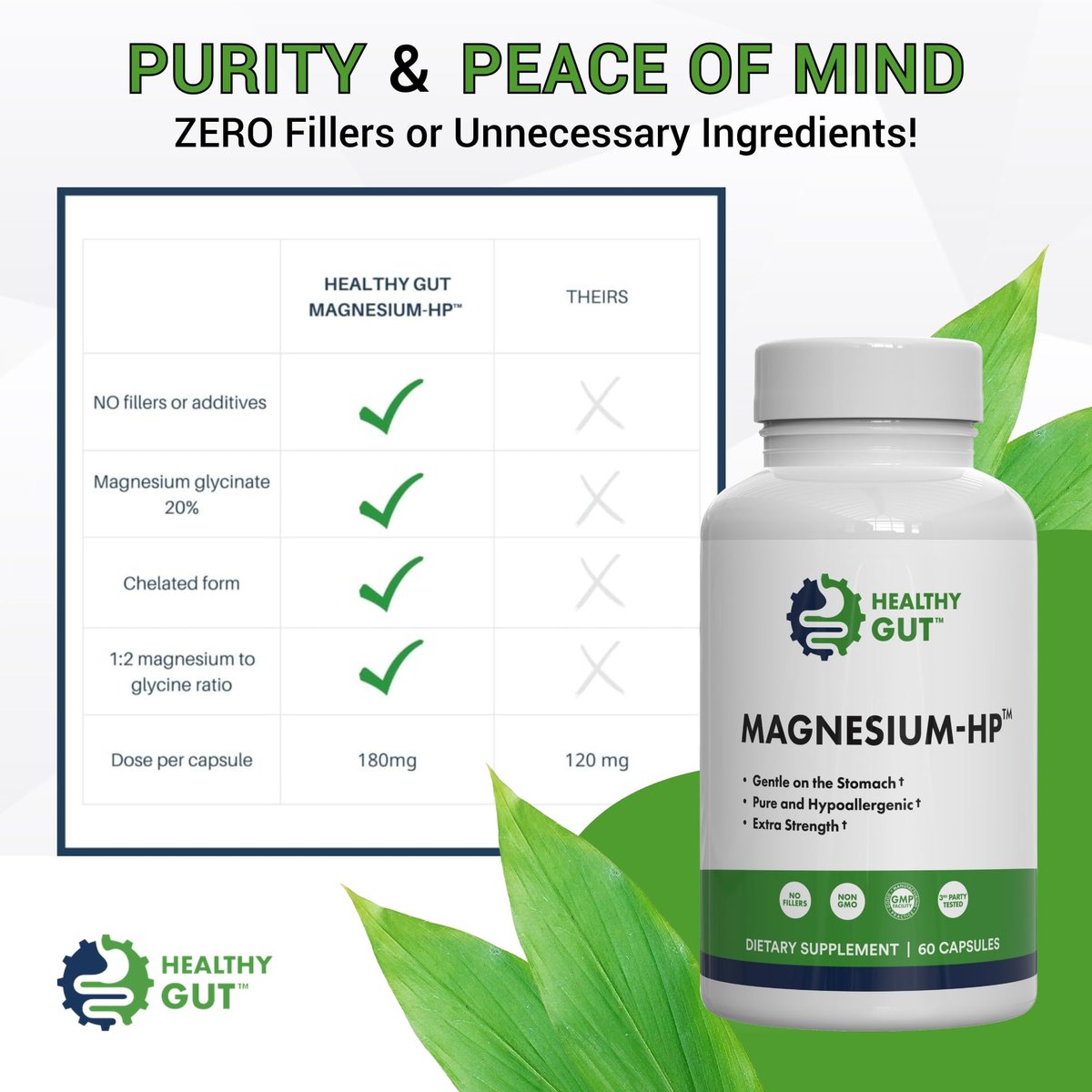 Healthy Gut Magnesium-HP | Hochreine Magnesiumglycinat-Kapseln ohne Füllstoffe | 180 mg Magnesiumglycinat | 60 Portionen