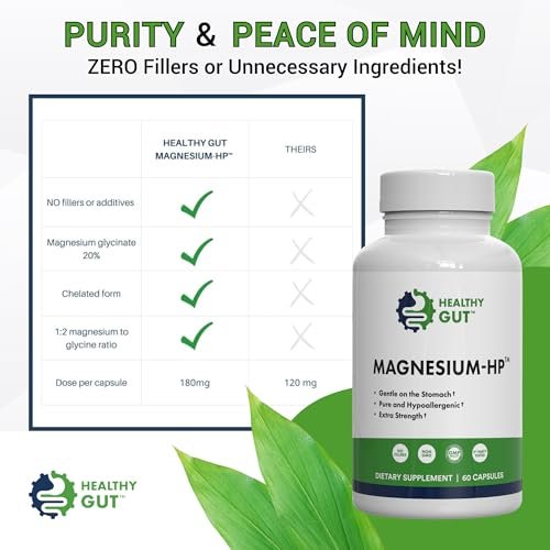 Healthy Gut Magnesium-HP | Hochreine Magnesiumglycinat-Kapseln ohne Füllstoffe | 180 mg Magnesiumglycinat | 60 Portionen