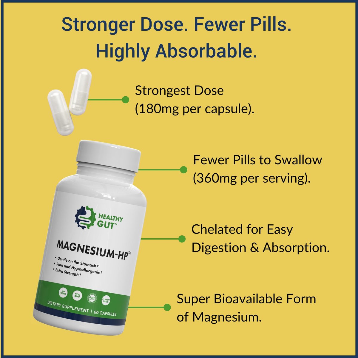 Healthy Gut Magnesium-HP | Hochreine Magnesiumglycinat-Kapseln ohne Füllstoffe | 180 mg Magnesiumglycinat | 60 Portionen