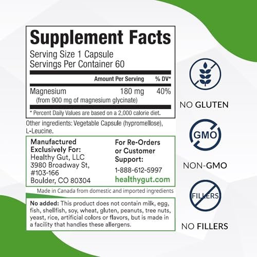 Healthy Gut Magnesium-HP | Hochreine Magnesiumglycinat-Kapseln ohne Füllstoffe | 180 mg Magnesiumglycinat | 60 Portionen