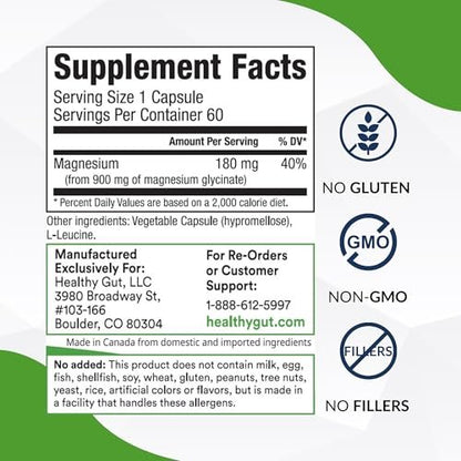 Healthy Gut Magnesium-HP | Hochreine Magnesiumglycinat-Kapseln ohne Füllstoffe | 180 mg Magnesiumglycinat | 60 Portionen