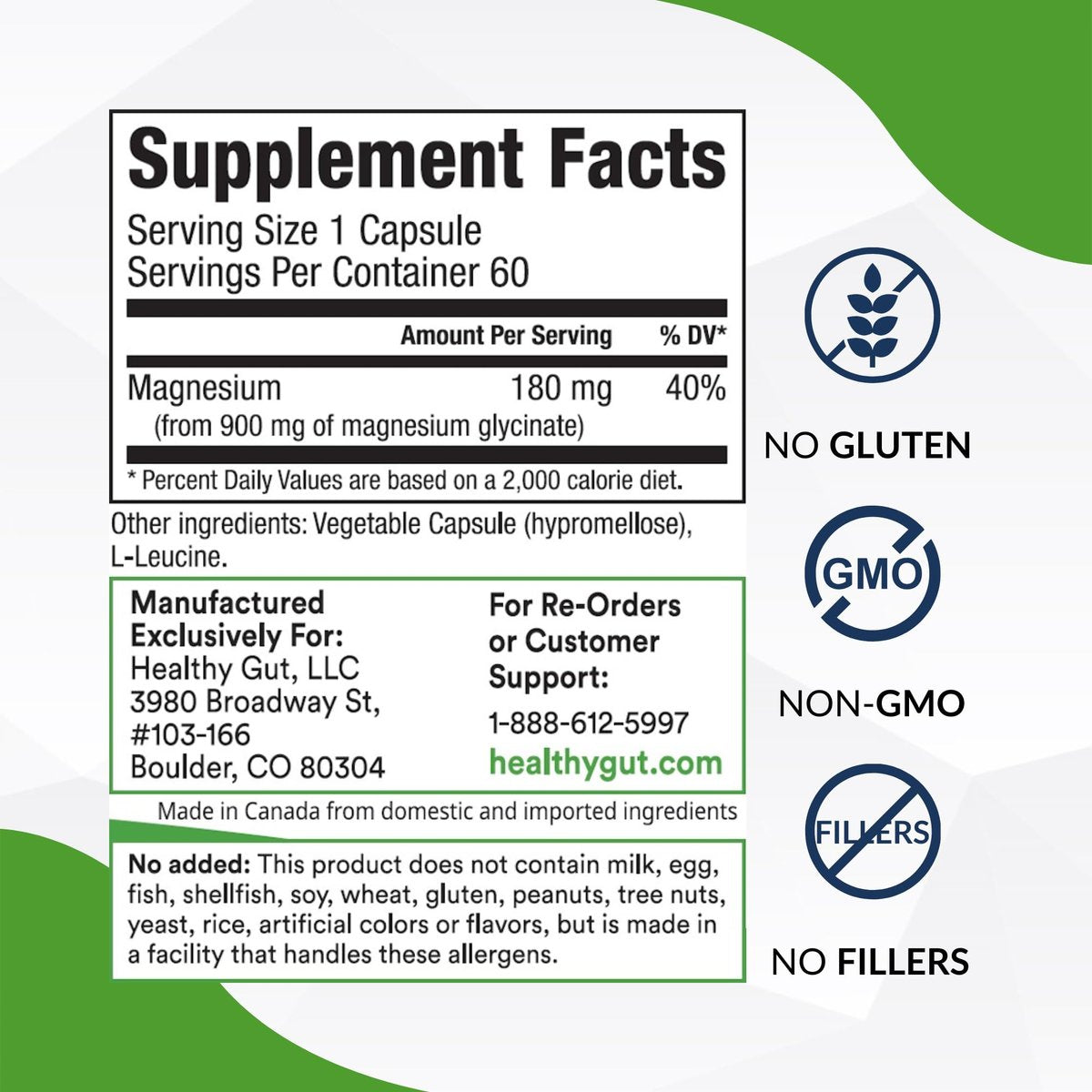 Healthy Gut Magnesium-HP | Hochreine Magnesiumglycinat-Kapseln ohne Füllstoffe | 180 mg Magnesiumglycinat | 60 Portionen