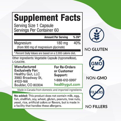 Healthy Gut Magnesium-HP | Hochreine Magnesiumglycinat-Kapseln ohne Füllstoffe | 180 mg Magnesiumglycinat | 60 Portionen