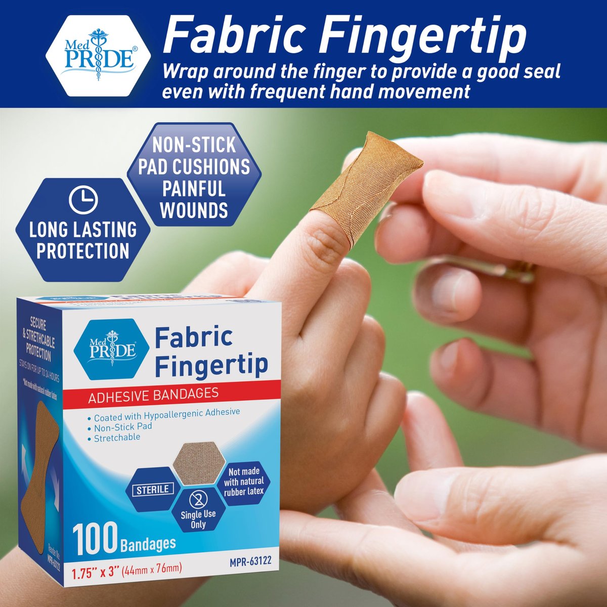 MED PRIDE Sterile Fingertip Fabric Bandages 1.75 x 3 Zoll, hypoallergen, latexfrei, 100 Stück