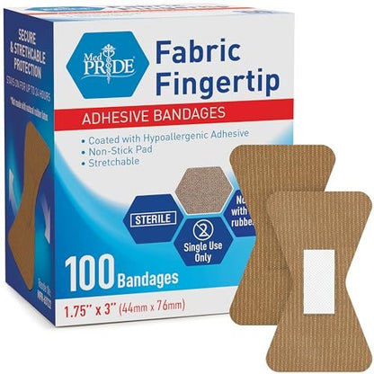 MED PRIDE Sterile Fingertip Fabric Bandages 1.75 x 3 Zoll, hypoallergen, latexfrei, 100 Stück