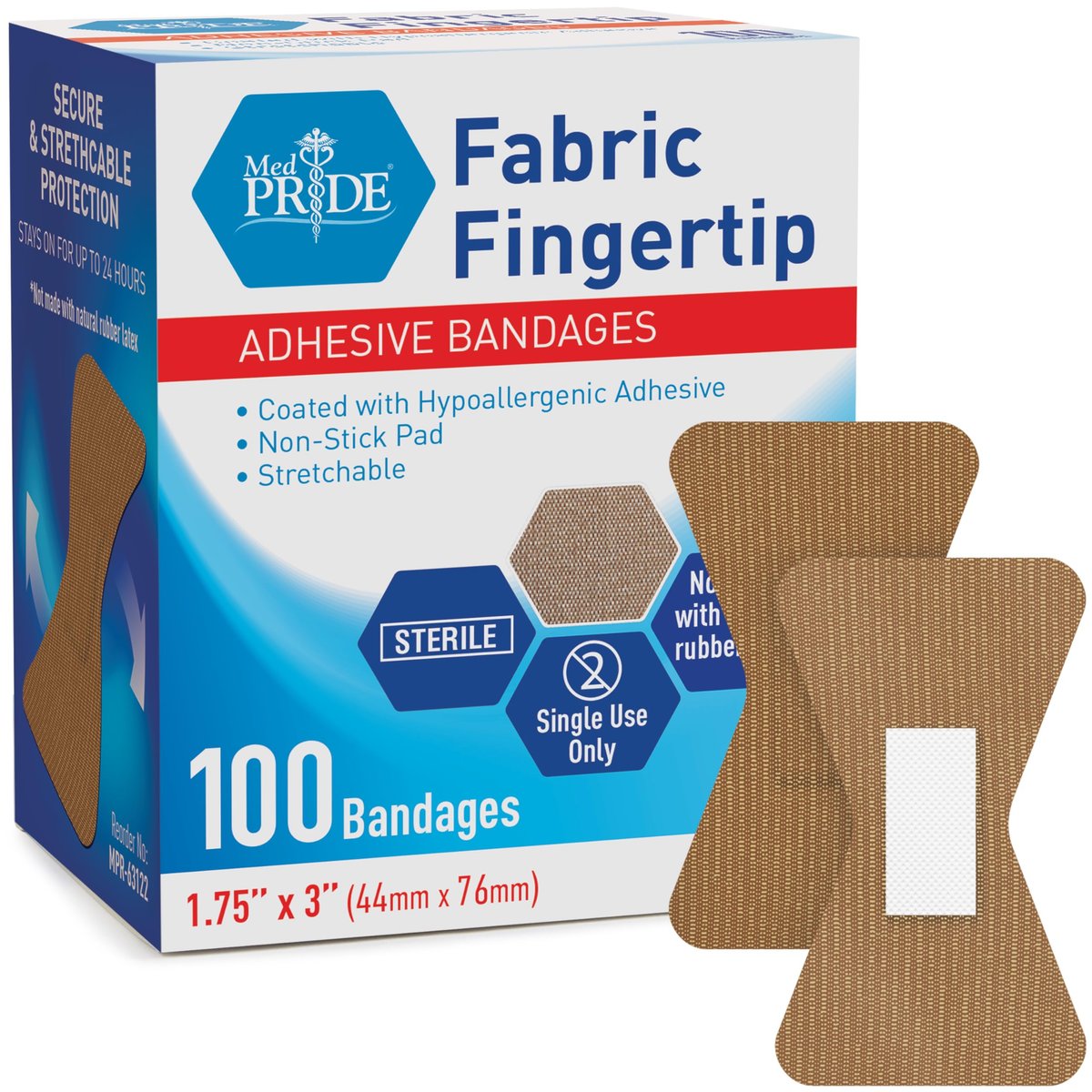 MED PRIDE Sterile Fingertip Fabric Bandages 1.75 x 3 Zoll, hypoallergen, latexfrei, 100 Stück