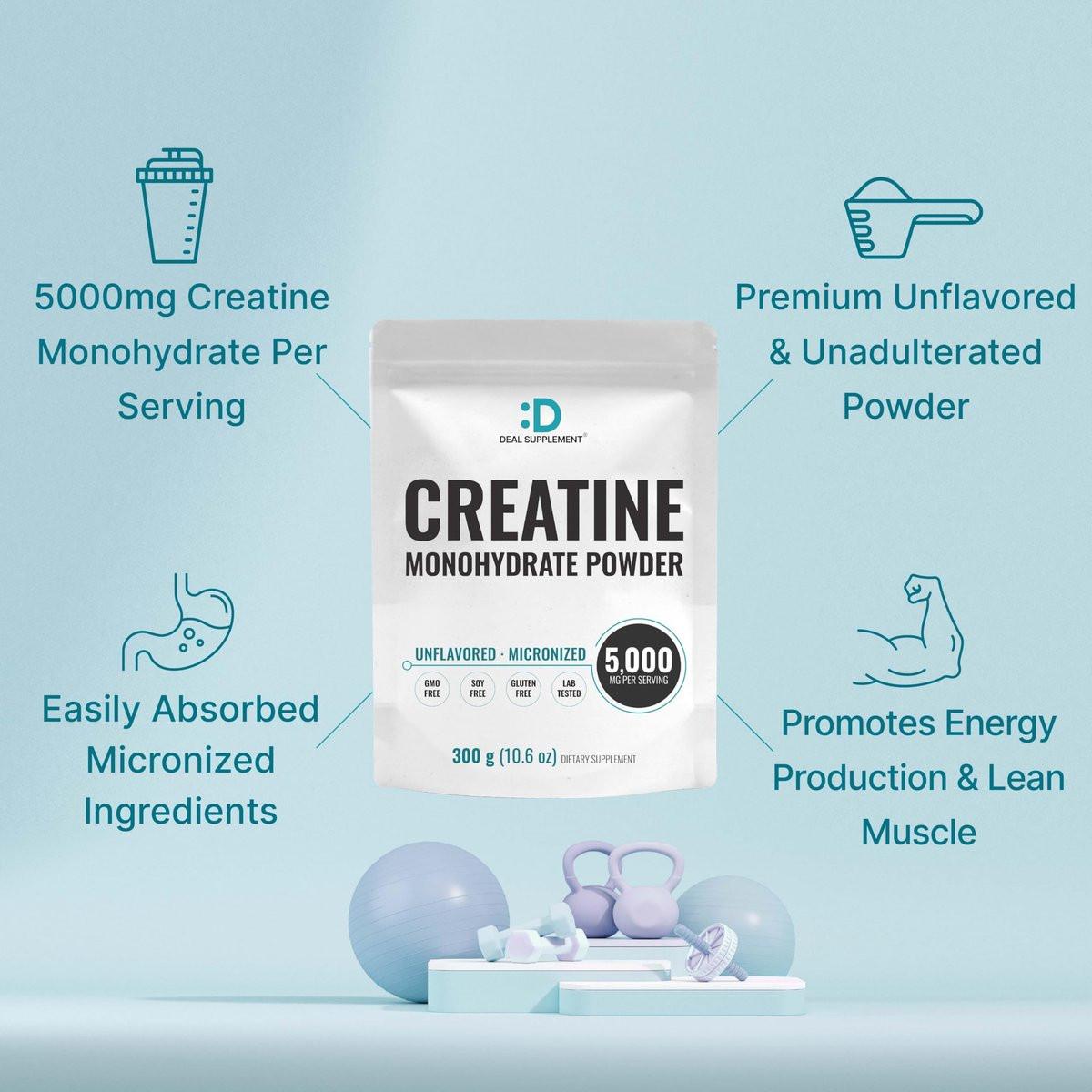 DEAL SUPPLEMENT Instant Creatine Monohydrat Pulver, 5g pro Portion – 60 Portionen | Mikronisiert, ungewürzt, schnell absorbierend | Ohne Füllstoffe, Nicht-GVO, Keto-freundlich, Vegan