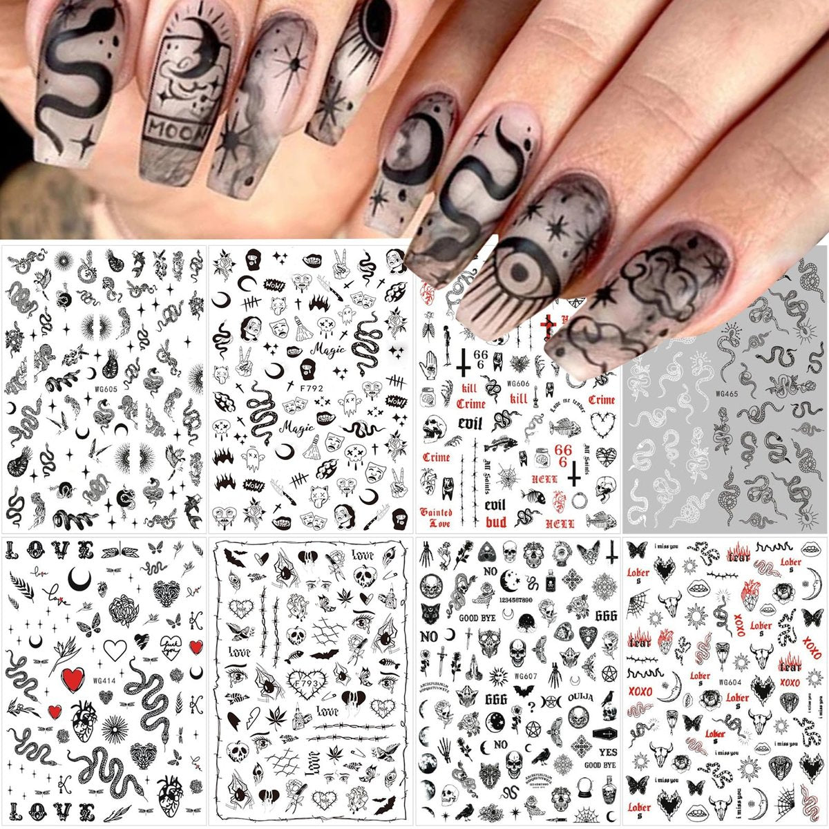 YKZFUI Snake Nail Art Sticker Set - 8-teilige 3D Gothic Punk Horror Nail Decals für Acrylnägel, Schwarz, Skull Design