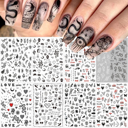 YKZFUI Snake Nail Art Sticker Set - 8-teilige 3D Gothic Punk Horror Nail Decals für Acrylnägel, Schwarz, Skull Design