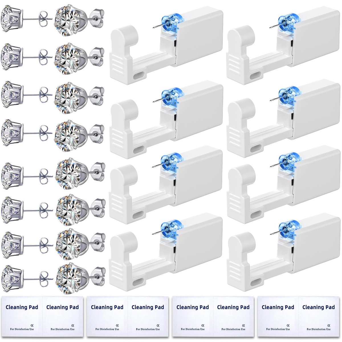 Novopiercing 24-teiliges Ohrpiercing-Set: Einweg-Pistolen-Set mit 8 Pistolen, 8 Ohrsteckern, 8 Reinigungspads