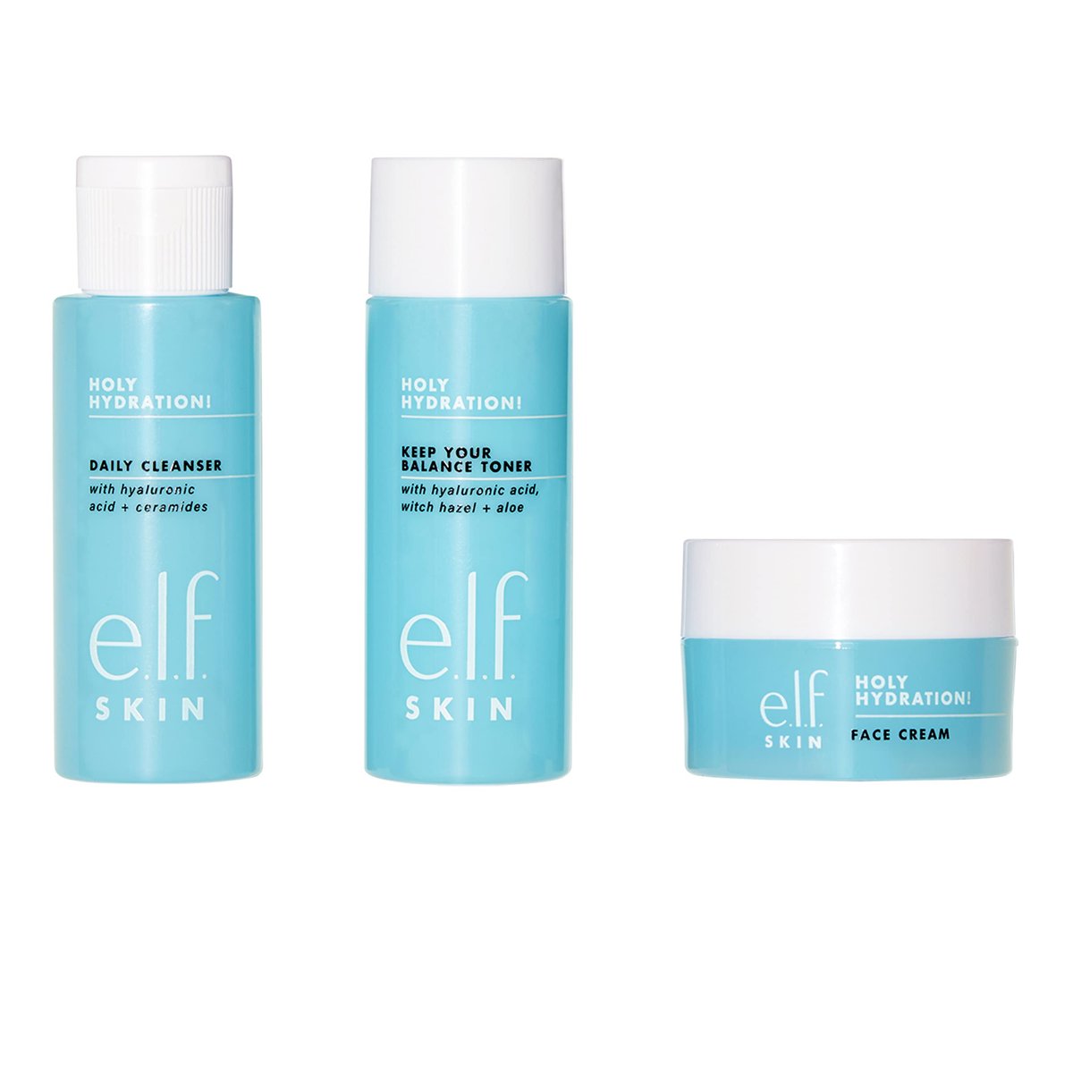 e.l.f. Skin Holy Hydration! The Essentials Mini Kit – Reinigungsmilch, Toner & Feuchtigkeitscreme für hydratisierte & ausgeglichene Haut, TSA-konforme Größen