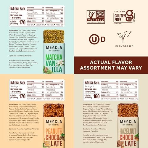 Mezcla Puff-Crispy Pflanzliche Proteinriegel - Sortenpackung - Gesunde Snacks für Erwachsene & Kinder - Müsliriegel für Schule, Reisen & Büro - Glutenfrei, Vegan, Nicht GVO, 10g Protein - 8er Pack