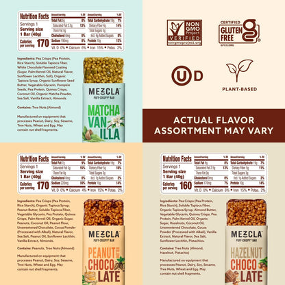 Mezcla Puff-Crispy Pflanzliche Proteinriegel - Sortenpackung - Gesunde Snacks für Erwachsene & Kinder - Müsliriegel für Schule, Reisen & Büro - Glutenfrei, Vegan, Nicht GVO, 10g Protein - 8er Pack