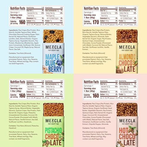 Mezcla Puff-Crispy Pflanzliche Proteinriegel - Sortenpackung - Gesunde Snacks für Erwachsene & Kinder - Müsliriegel für Schule, Reisen & Büro - Glutenfrei, Vegan, Nicht GVO, 10g Protein - 8er Pack