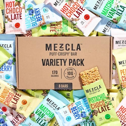 Mezcla Puff-Crispy Pflanzliche Proteinriegel - Sortenpackung - Gesunde Snacks für Erwachsene & Kinder - Müsliriegel für Schule, Reisen & Büro - Glutenfrei, Vegan, Nicht GVO, 10g Protein - 8er Pack