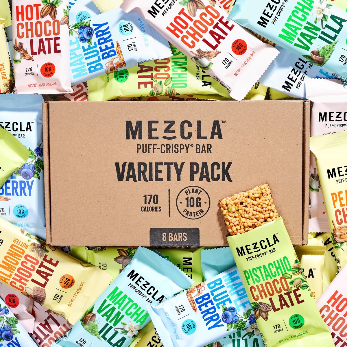Mezcla Puff-Crispy Pflanzliche Proteinriegel - Sortenpackung - Gesunde Snacks für Erwachsene & Kinder - Müsliriegel für Schule, Reisen & Büro - Glutenfrei, Vegan, Nicht GVO, 10g Protein - 8er Pack