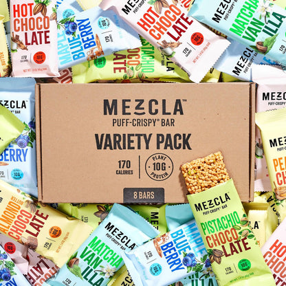 Mezcla Puff-Crispy Pflanzliche Proteinriegel - Sortenpackung - Gesunde Snacks für Erwachsene & Kinder - Müsliriegel für Schule, Reisen & Büro - Glutenfrei, Vegan, Nicht GVO, 10g Protein - 8er Pack
