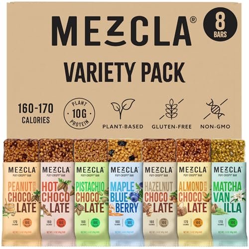 Mezcla Puff-Crispy Pflanzliche Proteinriegel - Sortenpackung - Gesunde Snacks für Erwachsene & Kinder - Müsliriegel für Schule, Reisen & Büro - Glutenfrei, Vegan, Nicht GVO, 10g Protein - 8er Pack