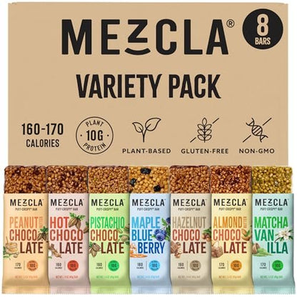 Mezcla Puff-Crispy Pflanzliche Proteinriegel - Sortenpackung - Gesunde Snacks für Erwachsene & Kinder - Müsliriegel für Schule, Reisen & Büro - Glutenfrei, Vegan, Nicht GVO, 10g Protein - 8er Pack
