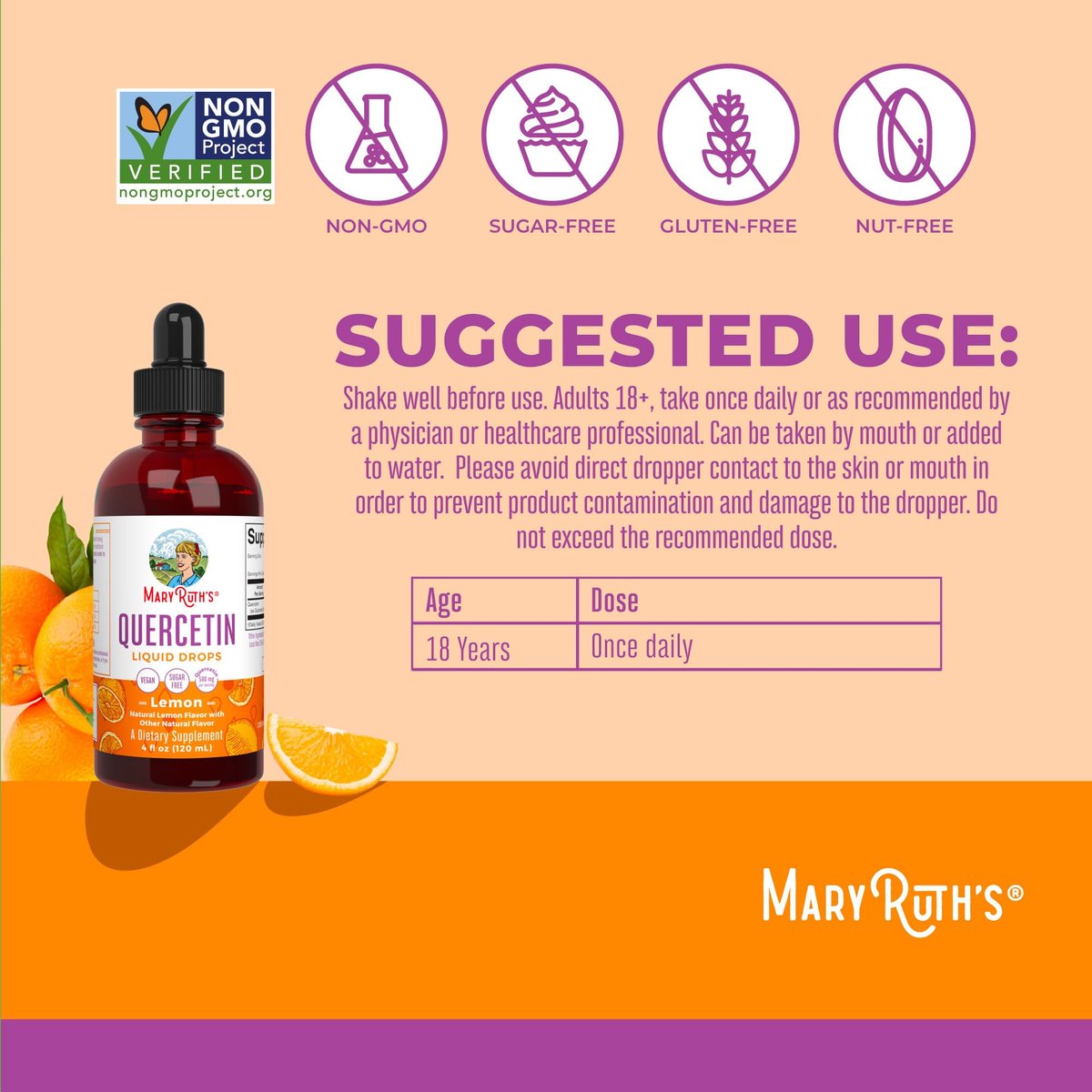 MaryRuth Organics Quercetin Liquid Drops | Zuckerfrei | 500 mg für Erwachsene ab 18 Jahren | Unterstützt die Herz-Kreislauf-Gesundheit | Bioflavonoid | Vegan | Ohne Gentechnik | Glutenfrei | 118 ml