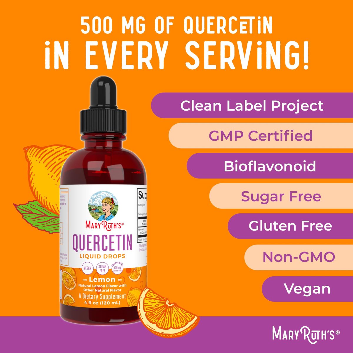 MaryRuth Organics Quercetin Liquid Drops | Zuckerfrei | 500 mg für Erwachsene ab 18 Jahren | Unterstützt die Herz-Kreislauf-Gesundheit | Bioflavonoid | Vegan | Ohne Gentechnik | Glutenfrei | 118 ml