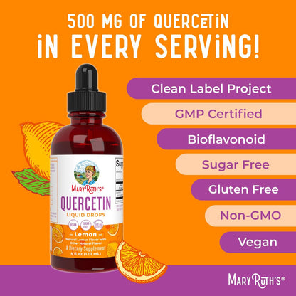 MaryRuth Organics Quercetin Liquid Drops | Zuckerfrei | 500 mg für Erwachsene ab 18 Jahren | Unterstützt die Herz-Kreislauf-Gesundheit | Bioflavonoid | Vegan | Ohne Gentechnik | Glutenfrei | 118 ml