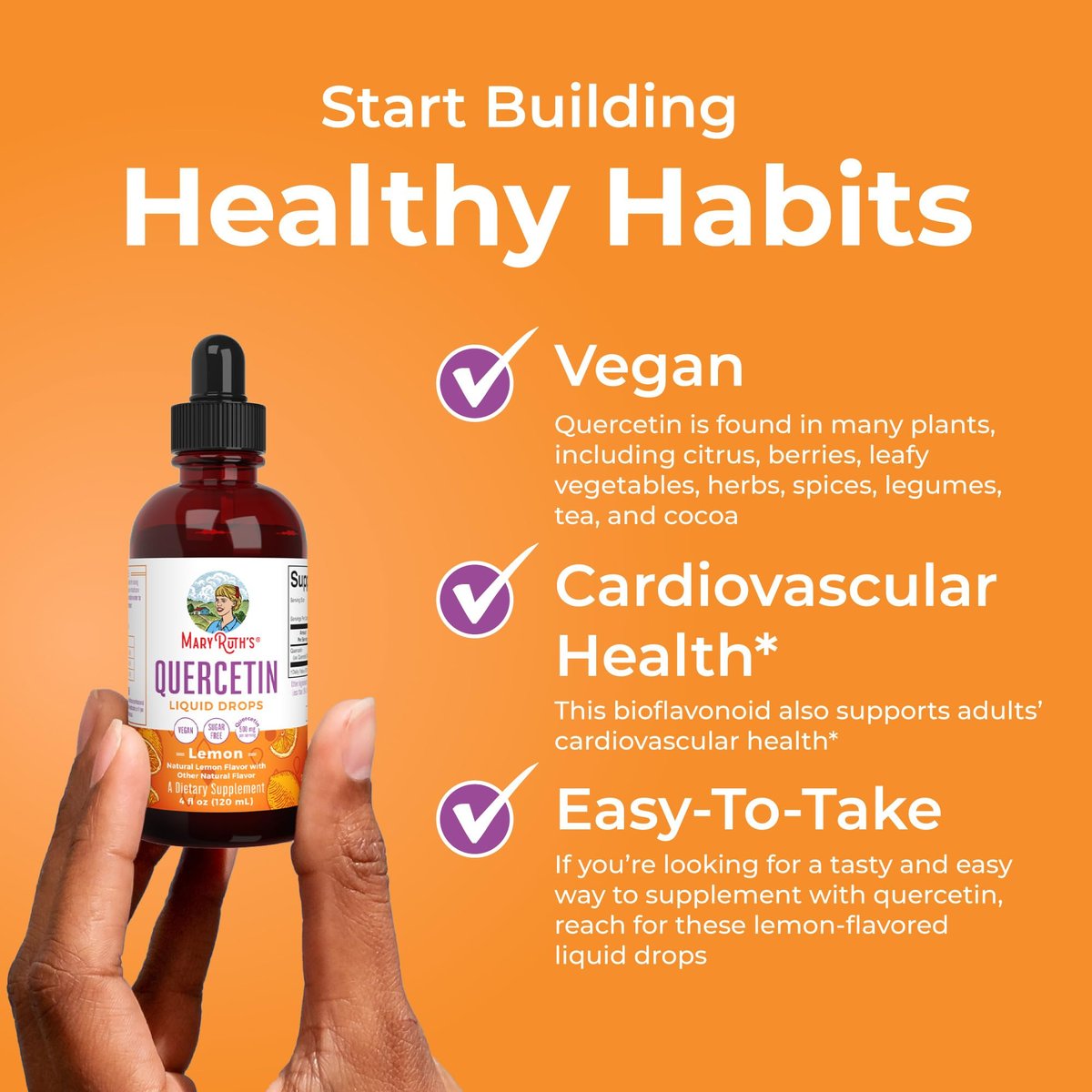 MaryRuth Organics Quercetin Liquid Drops | Zuckerfrei | 500 mg für Erwachsene ab 18 Jahren | Unterstützt die Herz-Kreislauf-Gesundheit | Bioflavonoid | Vegan | Ohne Gentechnik | Glutenfrei | 118 ml