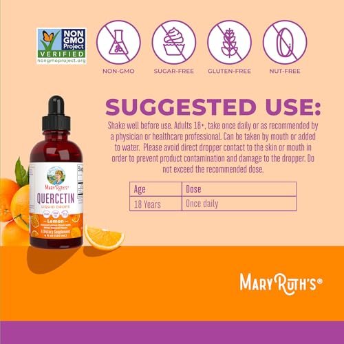 MaryRuth Organics Quercetin Liquid Drops | Zuckerfrei | 500 mg für Erwachsene ab 18 Jahren | Unterstützt die Herz-Kreislauf-Gesundheit | Bioflavonoid | Vegan | Ohne Gentechnik | Glutenfrei | 118 ml