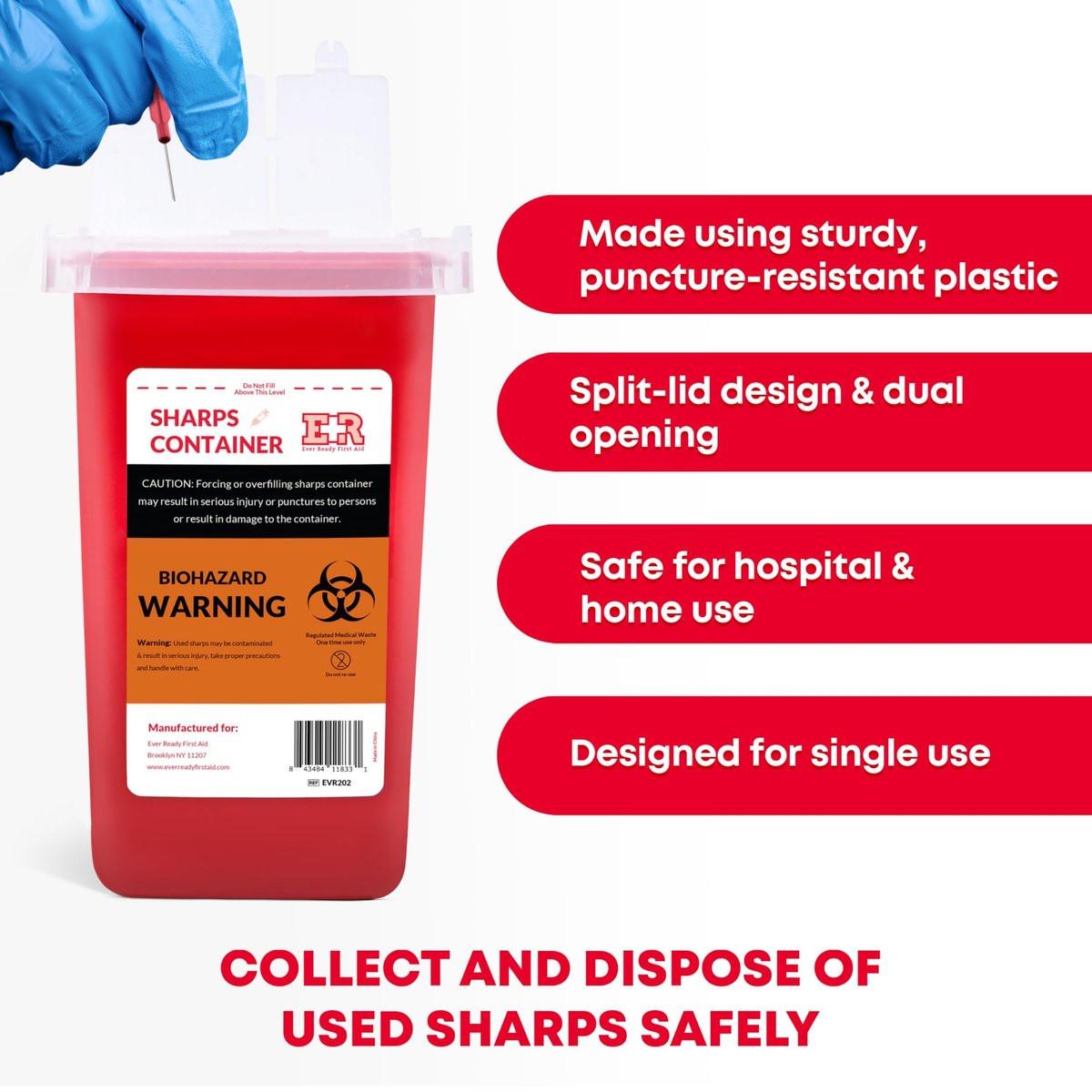 Ever Ready First Aid Entsorgungsset für scharfe Gegenstände – 3er-Pack Behälter mit Split-Design und Verriegelungsmechanismus, 1 Quart, Rot