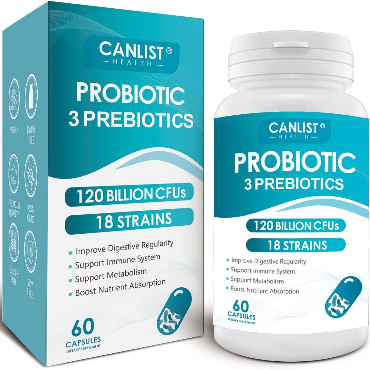 CANLIST Probiotika 120 Milliarden KBE, 18 Stämme, 3 Präbiotika & Verdauungsenzyme für Männer und Frauen, Verdauungs- & Immununterstützung, haltbar, nicht-GVO, 60 Kapseln