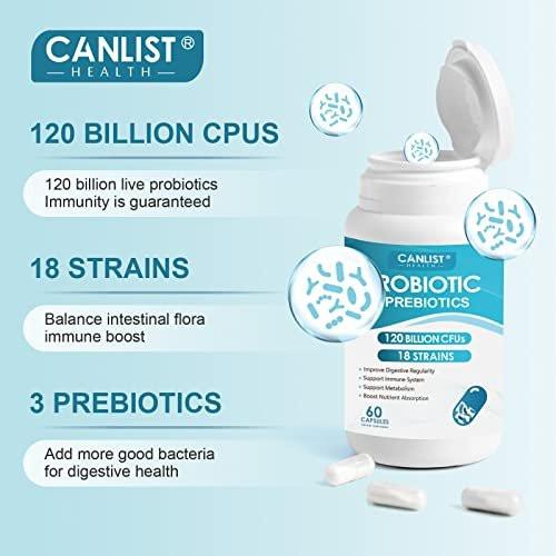 CANLIST Probiotika 120 Milliarden KBE, 18 Stämme, 3 Präbiotika & Verdauungsenzyme für Männer und Frauen, Verdauungs- & Immununterstützung, haltbar, nicht-GVO, 60 Kapseln