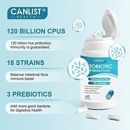 CANLIST Probiotika 120 Milliarden KBE, 18 Stämme, 3 Präbiotika & Verdauungsenzyme für Männer und Frauen, Verdauungs- & Immununterstützung, haltbar, nicht-GVO, 60 Kapseln