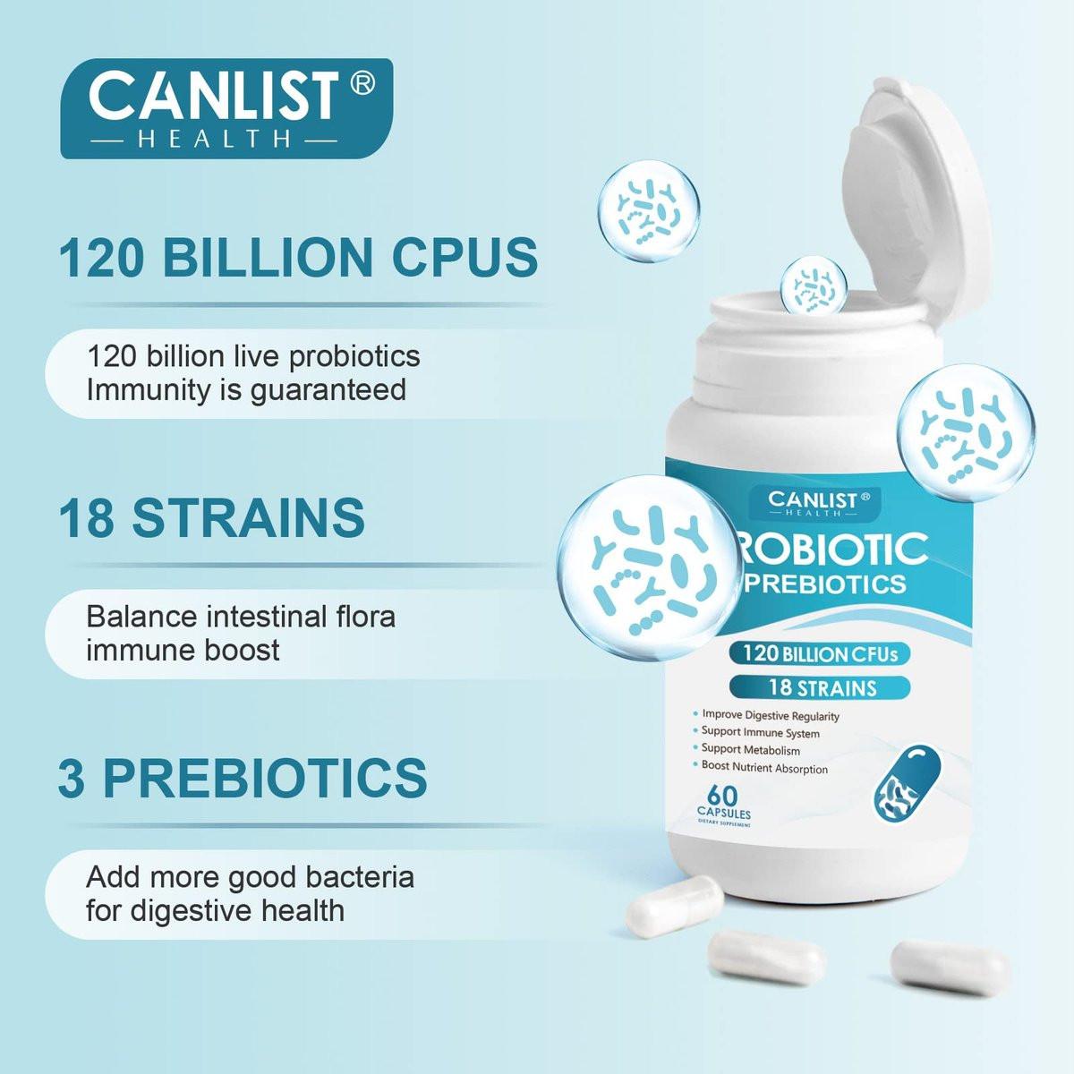 CANLIST Probiotika 120 Milliarden KBE, 18 Stämme, 3 Präbiotika & Verdauungsenzyme für Männer und Frauen, Verdauungs- & Immununterstützung, haltbar, nicht-GVO, 60 Kapseln