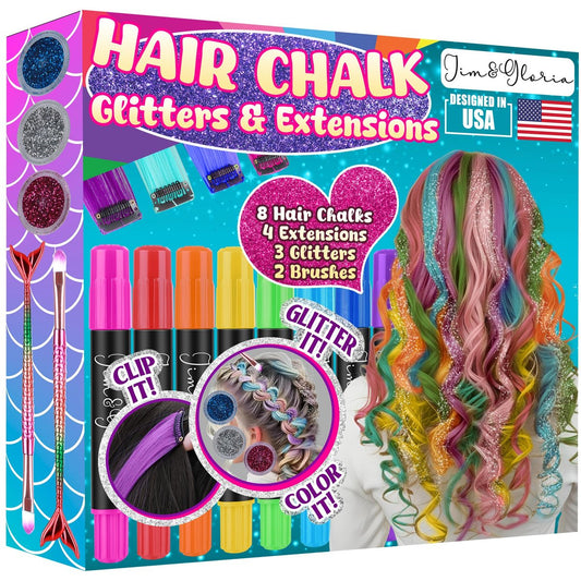 Jim&Gloria Staubfreie Haarkreide für Mädchen – Waschbar mit Clip-in-Haarverlängerungen, Bürsten und Glitzer, Temporäre Farbpaste, Geschenke für Teenager-Mädchen im Alter von 7–14 Jahren, 17-teiliges Set