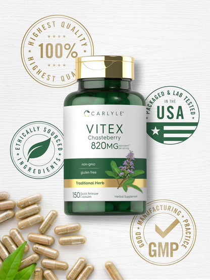 Carlyle Vitex Mönchspfeffer Kapseln | 150 Kapseln | Vitex Agnus-Castus Frucht für Frauen | Non-GMO, Glutenfrei