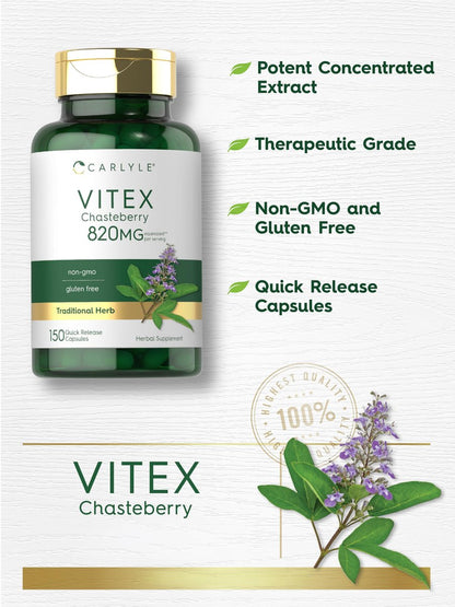 Carlyle Vitex Mönchspfeffer Kapseln | 150 Kapseln | Vitex Agnus-Castus Frucht für Frauen | Non-GMO, Glutenfrei