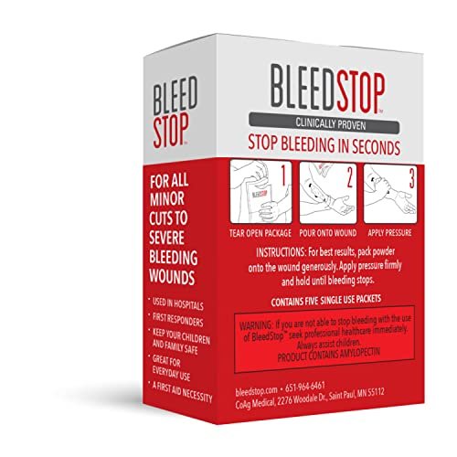 BleedStop™ Blutstillendes Erste-Hilfe-Pulver für die Blutgerinnung, Trauma-Kit, Blutverdünner-Patienten, Camping-Sicherheit und Überlebensausrüstung für mittelschwere bis starke Blutungen oder Nasenbluten 5er Pack 15g