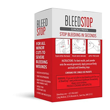 BleedStop™ Blutstillendes Erste-Hilfe-Pulver für die Blutgerinnung, Trauma-Kit, Blutverdünner-Patienten, Camping-Sicherheit und Überlebensausrüstung für mittelschwere bis starke Blutungen oder Nasenbluten 5er Pack 15g