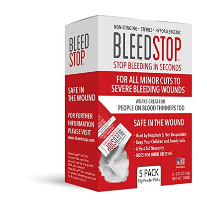 BleedStop™ Blutstillendes Erste-Hilfe-Pulver für die Blutgerinnung, Trauma-Kit, Blutverdünner-Patienten, Camping-Sicherheit und Überlebensausrüstung für mittelschwere bis starke Blutungen oder Nasenbluten 5er Pack 15g