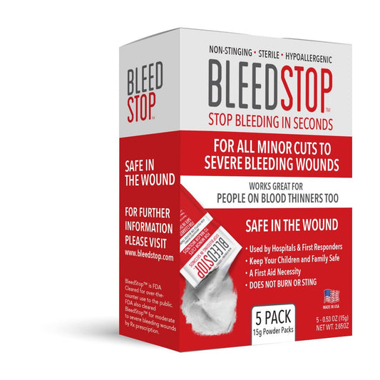 BleedStop™ Blutstillendes Erste-Hilfe-Pulver für die Blutgerinnung, Trauma-Kit, Blutverdünner-Patienten, Camping-Sicherheit und Überlebensausrüstung für mittelschwere bis starke Blutungen oder Nasenbluten 5er Pack 15g