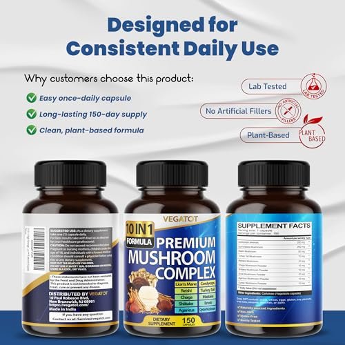 10-in-1 Hochdosiertes Pilz-Supplement – Löwenmähne, Cordyceps, Reishi – Gehirn-Nahrungsergänzung für Gedächtnis und Fokus – 5-Monats-Vorrat