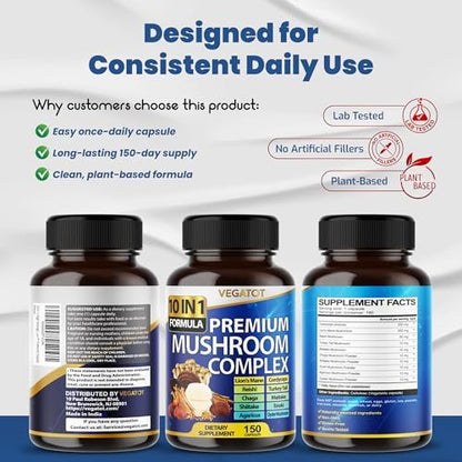 10-in-1 Hochdosiertes Pilz-Supplement – Löwenmähne, Cordyceps, Reishi – Gehirn-Nahrungsergänzung für Gedächtnis und Fokus – 5-Monats-Vorrat